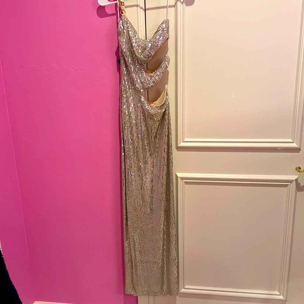 Silver sequin sparkles party dress maxi with cut out design
